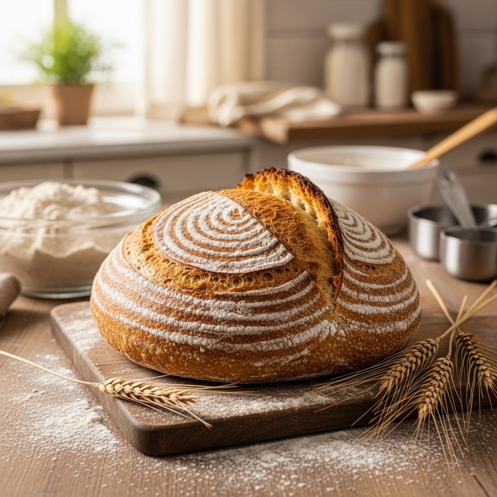 A close-up, high-quality DSLR photo of a freshly baked sourdough loaf, showcasing its golden-brown crust with a beautifully scored surface. The loaf sits on a rustic wooden cutting board, surrounded by scattered flour and a few wheat stalks. In the background, a warm kitchen with soft natural light highlights the artisanal process, with a bowl of sourdough starter and measuring cups visible, conveying a sense of home-baking warmth and simplicity., realistic, high quality, DSLR photo