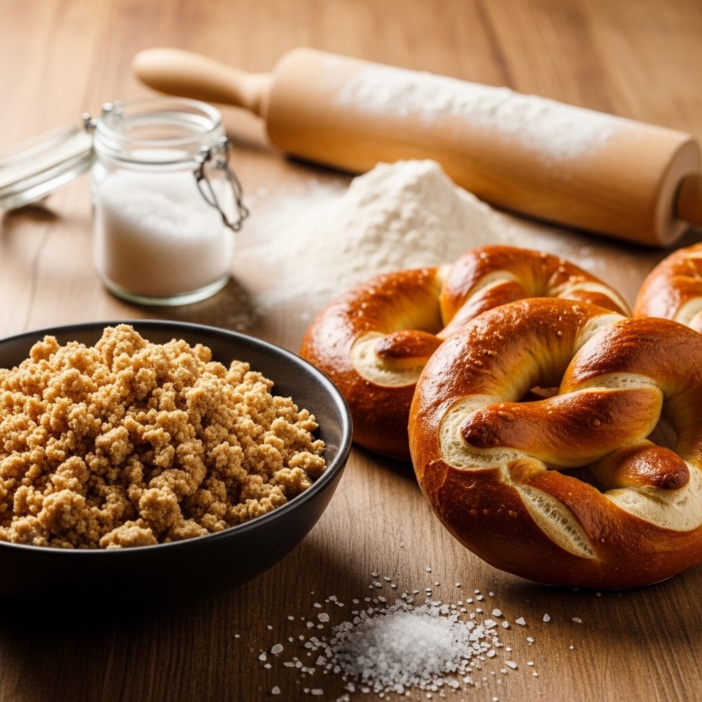 A close-up, high-quality DSLR photo of a rustic wooden table covered with various ingredients for sourdough discard pretzel bread. In the foreground, a bowl of crumbly sourdough discard, a sprinkle of coarse sea salt, and a few pretzel-shaped loaves, golden brown with a glossy crust. In the background, a rolling pin dusted with flour and a small jar of coarse salt, with warm natural light illuminating the scene, creating a cozy baking atmosphere., realistic, high quality, DSLR photo