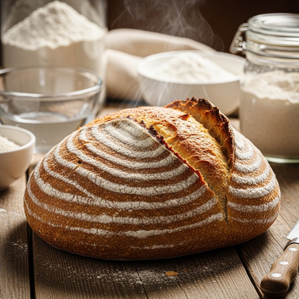 A close-up, realistic photo of a freshly baked sourdough loaf resting on a rustic wooden table, showcasing its golden-brown crust with a crispy texture and a scattering of flour dust. The loaf is sliced open, revealing its airy, chewy interior, with steam gently rising. In the background, there are ingredients like all-purpose flour, a bowl of water, and a jar of sourdough starter, all bathed in warm, natural light that highlights the artisanal quality of the bread., realistic, high quality, DSLR photo