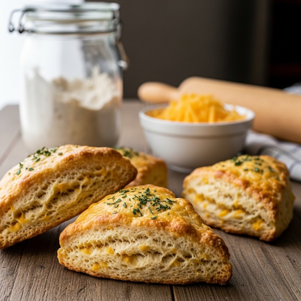 A close-up shot of freshly baked cheddar sourdough discard scones, golden brown and flaky, resting on a rustic wooden table. A sprinkle of fresh herbs on top adds a pop of color. In the background, a jar of sourdough starter sits next to a bowl of shredded cheddar and a rolling pin, softly blurred to emphasize the scones in the foreground. Natural light filters in from a nearby window, highlighting the texture of the scones., realistic, high quality, DSLR photo